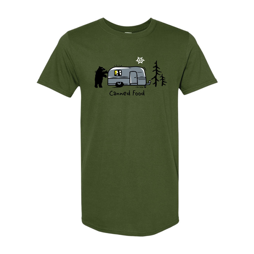 Unisex Soft Style T-Shirt in olive green with image of bear outside of a trailer with words Canned Food below