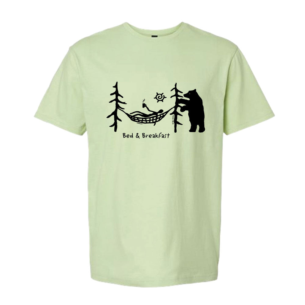 Unisex Soft Style T-Shirt in pistachio green colour with black image of bear beside trees with person in a hammock and words Bed & Breakfast below