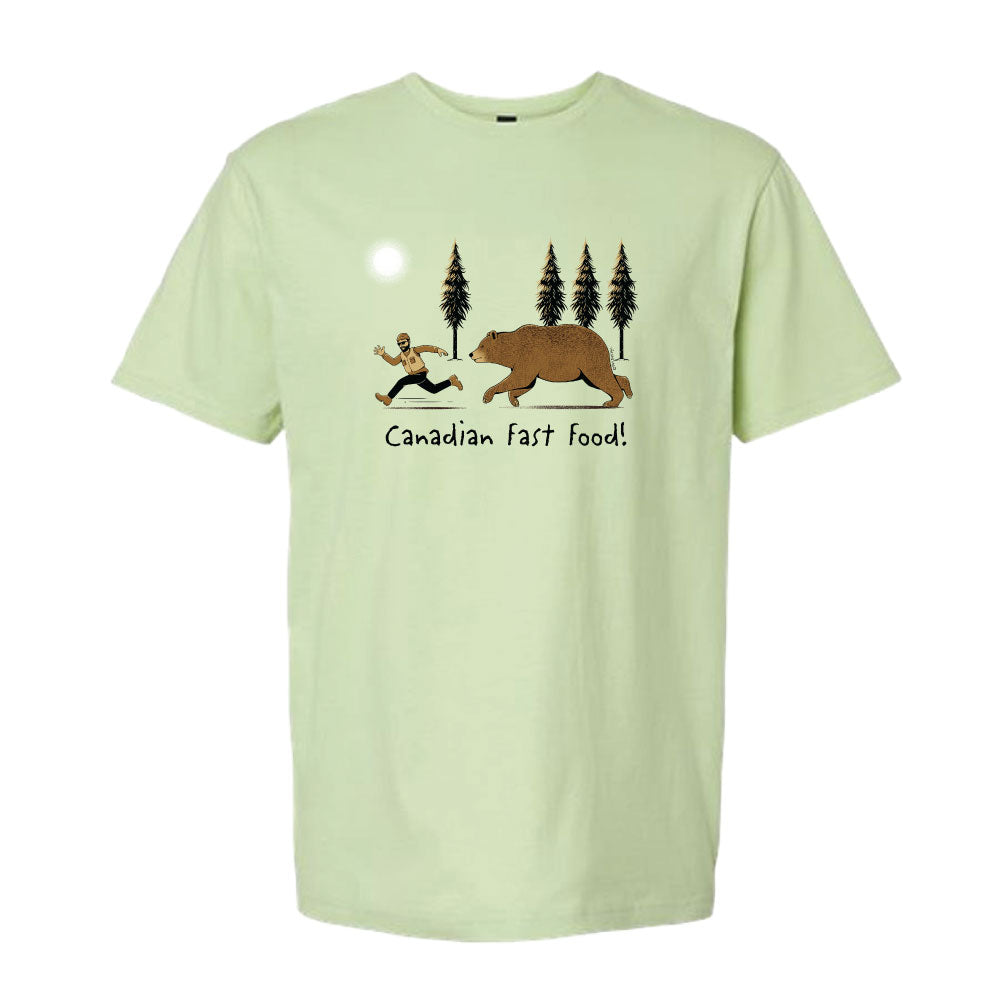 Unisex Soft Style T-Shirt in pistachio colour with image of brown bear chasing a man with words Canadian Fast Food below