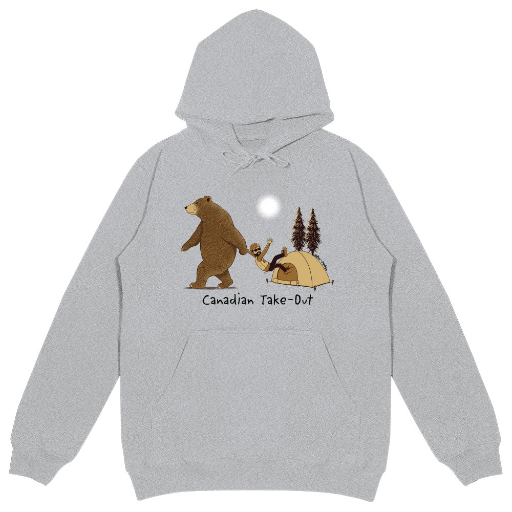 Unisex Canadian Take-Out Hoodie in light grey with cartoon image of bear dragging a person out from a tent