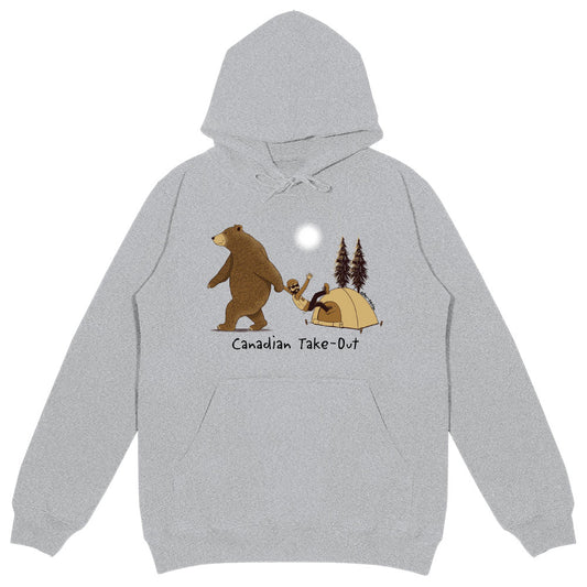 Product Image – Unisex Canadian Take-Out Hoodie in light grey with cartoon image of bear dragging a person out from a tent