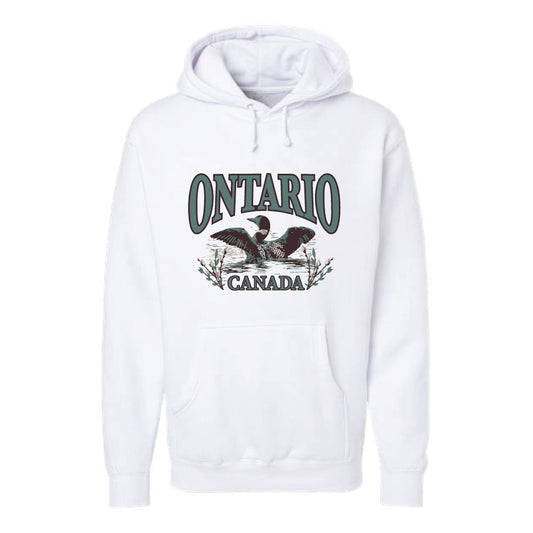 Product Image – GGS Unisex Ontario Loon Hoodie—Features "Ontario Canada" text and flying birds; great for daily wear.