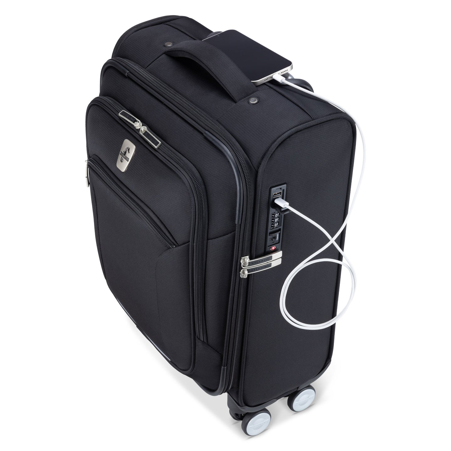 Atlantic Sailbound 19" Spinner Carry-on, black, right side angled view with phone plugged into charger