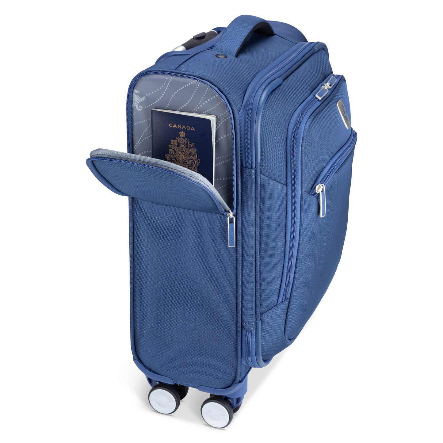 Atlantic Sailbound 19" Spinner Carry-on, blue, left side angled view with RFID pocket unzipped with a passport inside
