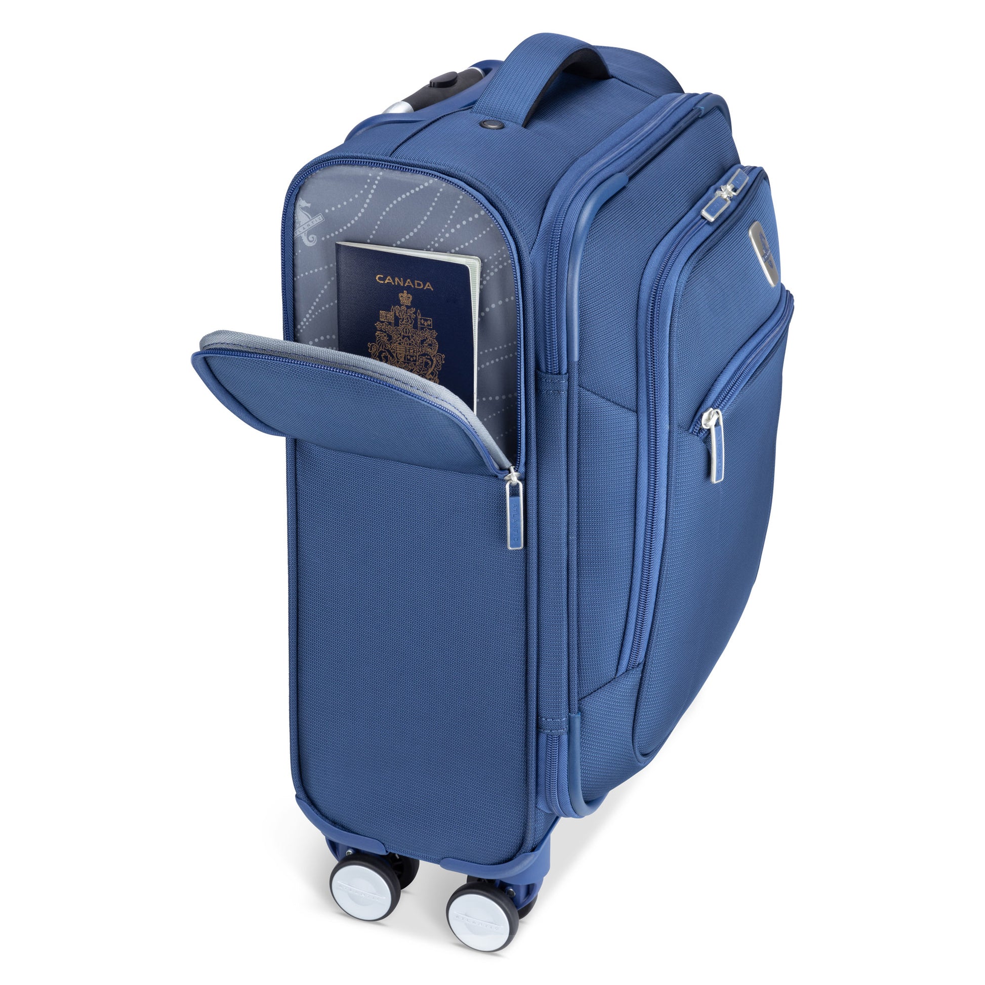 Atlantic Sailbound 19" Spinner Carry-on, blue, left side angled view with RFID pocket unzipped with a passport inside