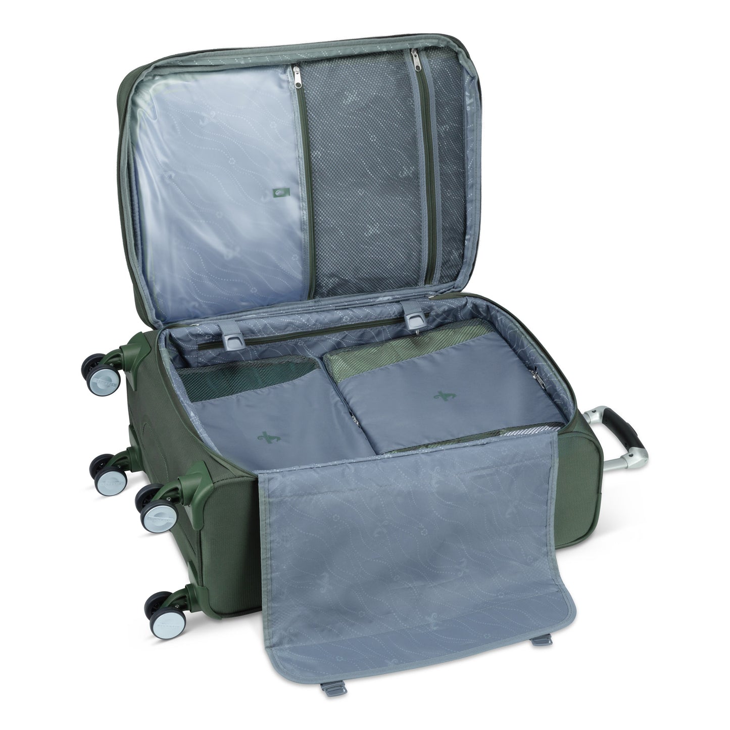 Atlantic Sailbound 24" Expandable Spinner, khaki, open view, packed with packing cubes