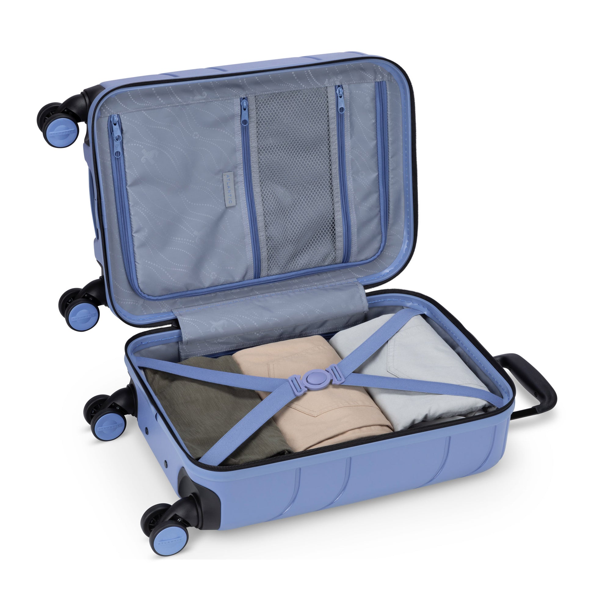 Atlantic Transmarine 19" Hardside Spinner Carry-on, endless sky blue colour, open view with clothes packed inside