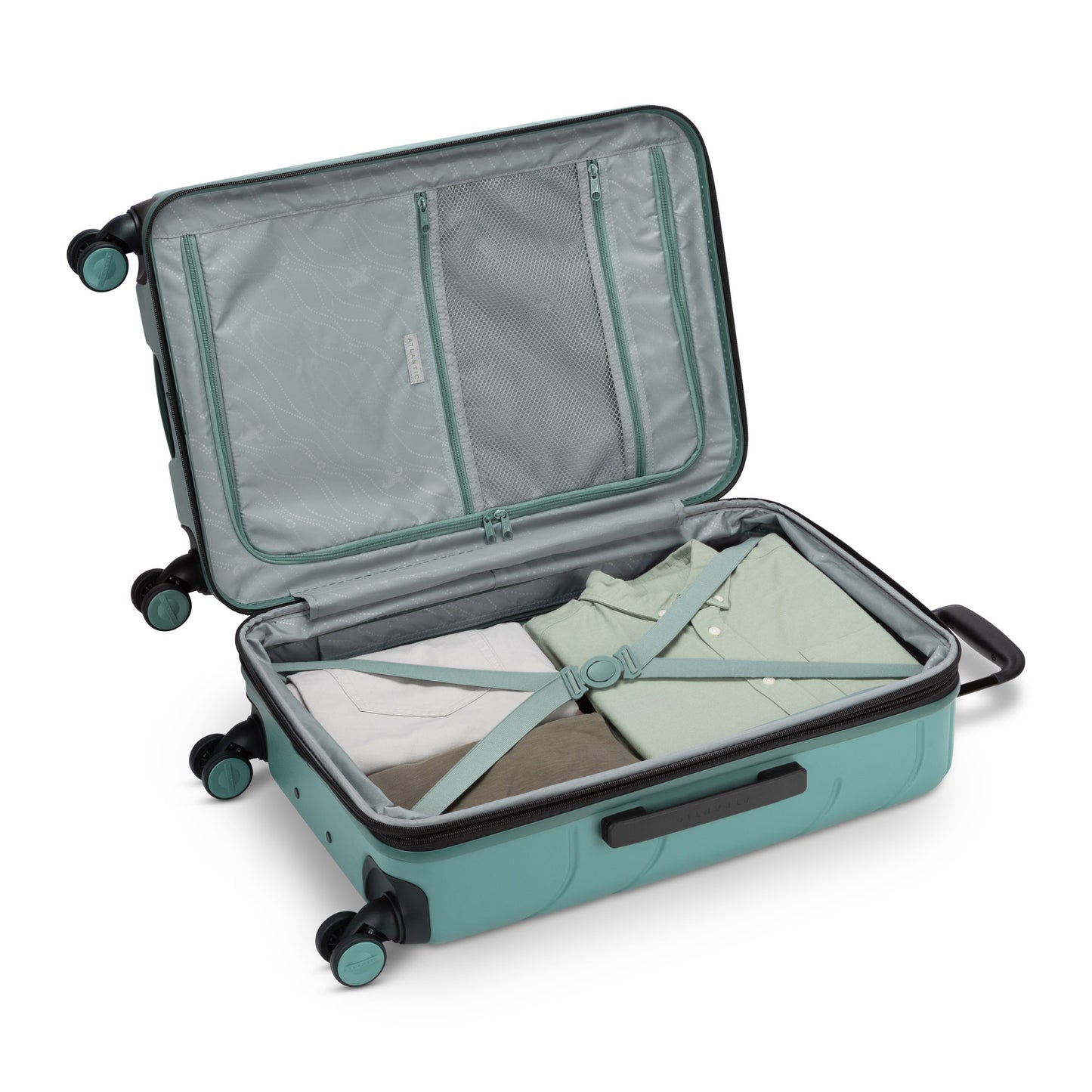 Atlantic Transmarine 24" Expandable Spinner, stormy sea green colour, open view with clothes packed inside
