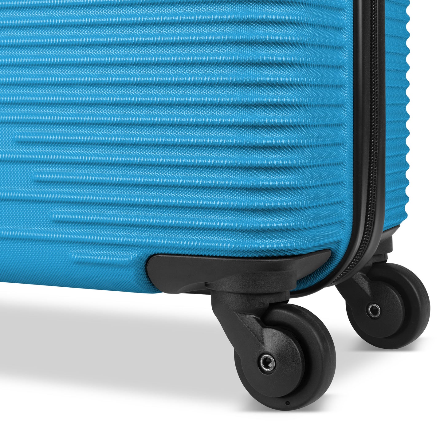 Close up of black spinner wheels on aquarius blue Atlantic Swerve 19" Hardside Spinner Carry-on