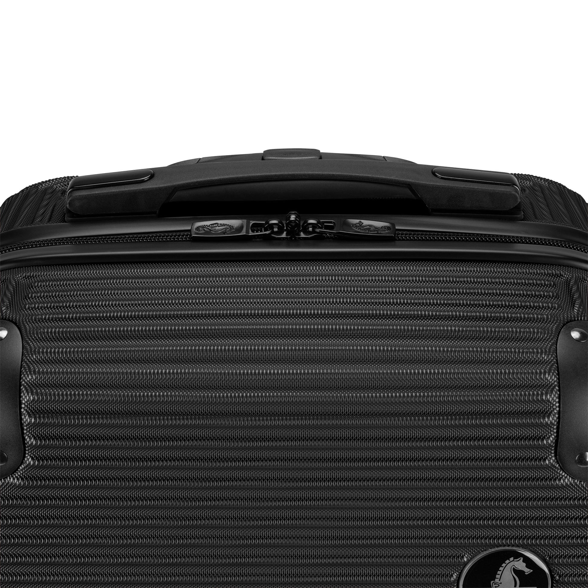 Atlantic Swerve 19" Hardside Spinner Carry-on, black, front view close up of black grab handle and zipper