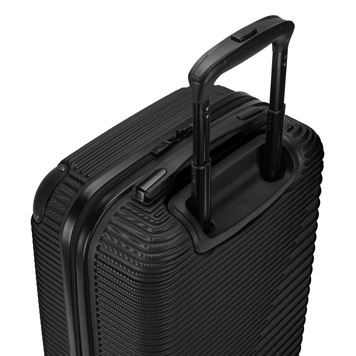 Atlantic Swerve 19" Hardside Spinner Carry-on, black, top angled view of black grab handle, zipper, corner bumpers, and telescopic handle, extended