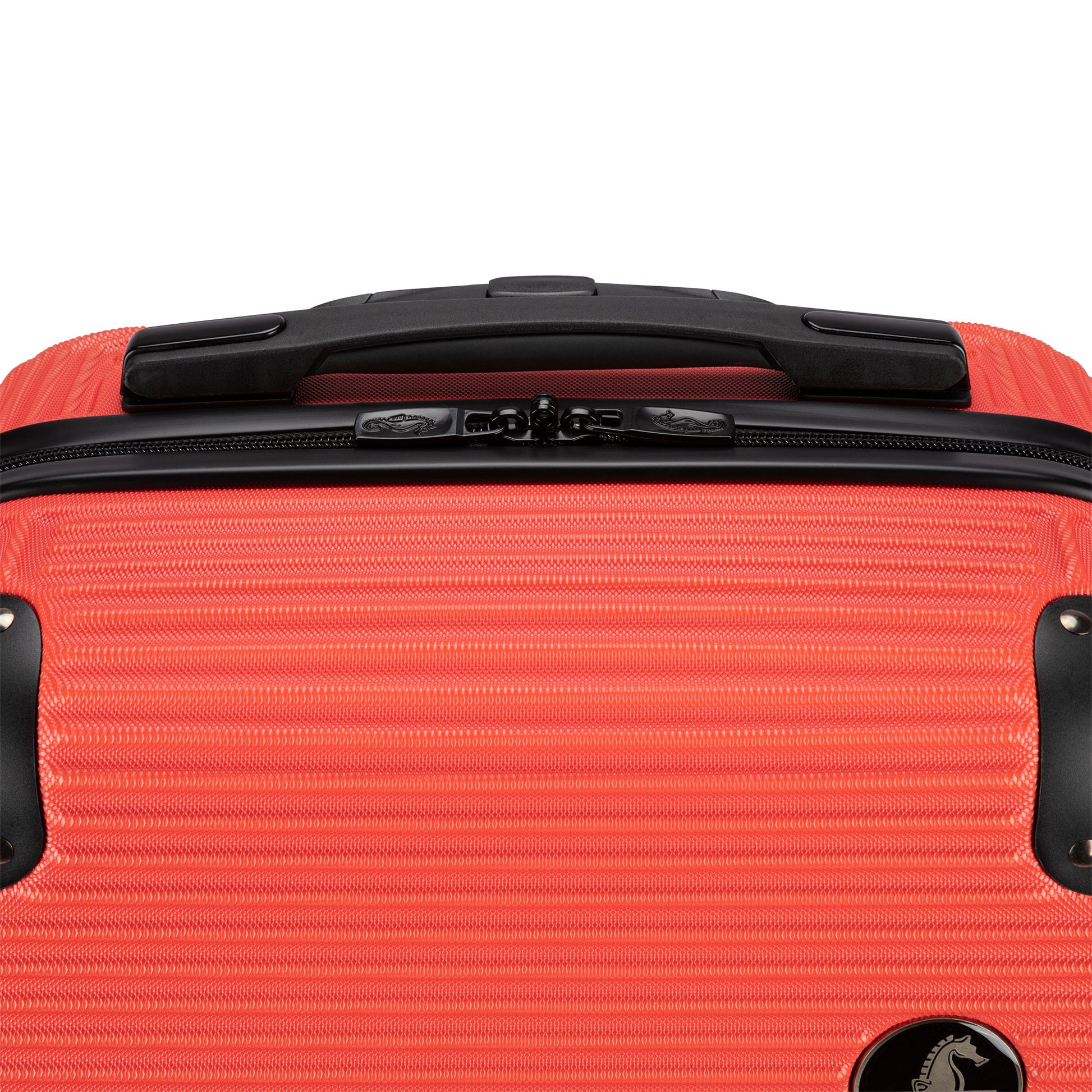 Atlantic Swerve 19" Hardside Spinner Carry-on, cayenne orange colour, top front view close up of black grab handle and zipper