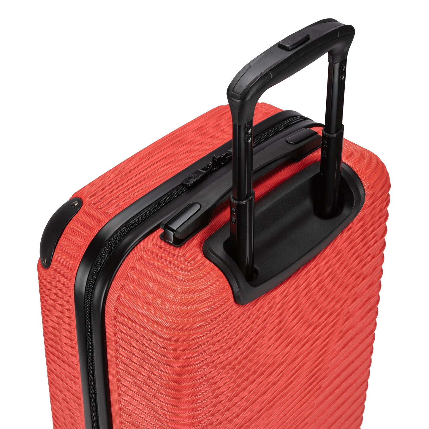 Atlantic Swerve 19" Hardside Spinner Carry-on, cayenne orange colour, top angled view of black grab handle, zipper, corner bumpers, and telescopic handle, extended