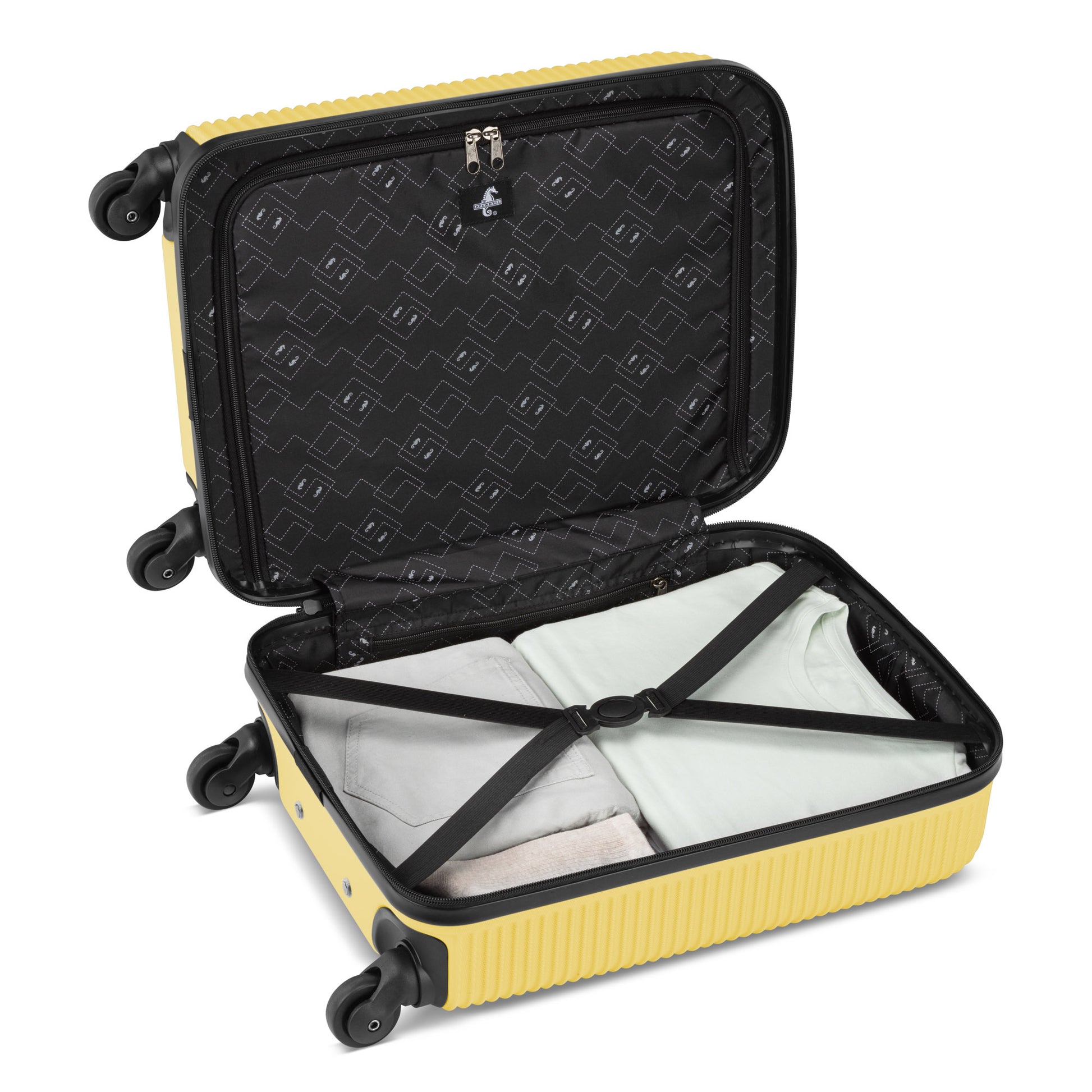 Atlantic Swerve 19" Hardside Spinner Carry-on, lemon meringue yellow, open view to black lined interior with clothes packed inside
