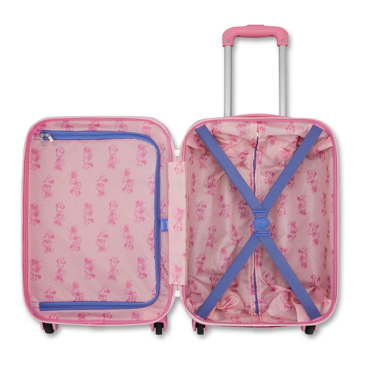 Open American Tourister Disney Minnie kids carry-on with cartoon lining, blue straps, and spinner handle.