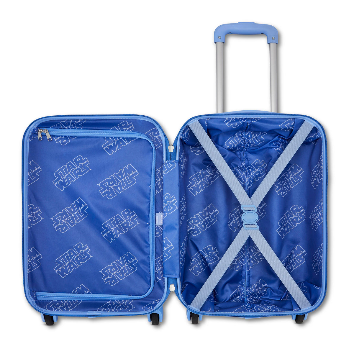 Open blue American Tourister Disney Star Wars R2D2 kids carry-on with straps and interior zip pocket.