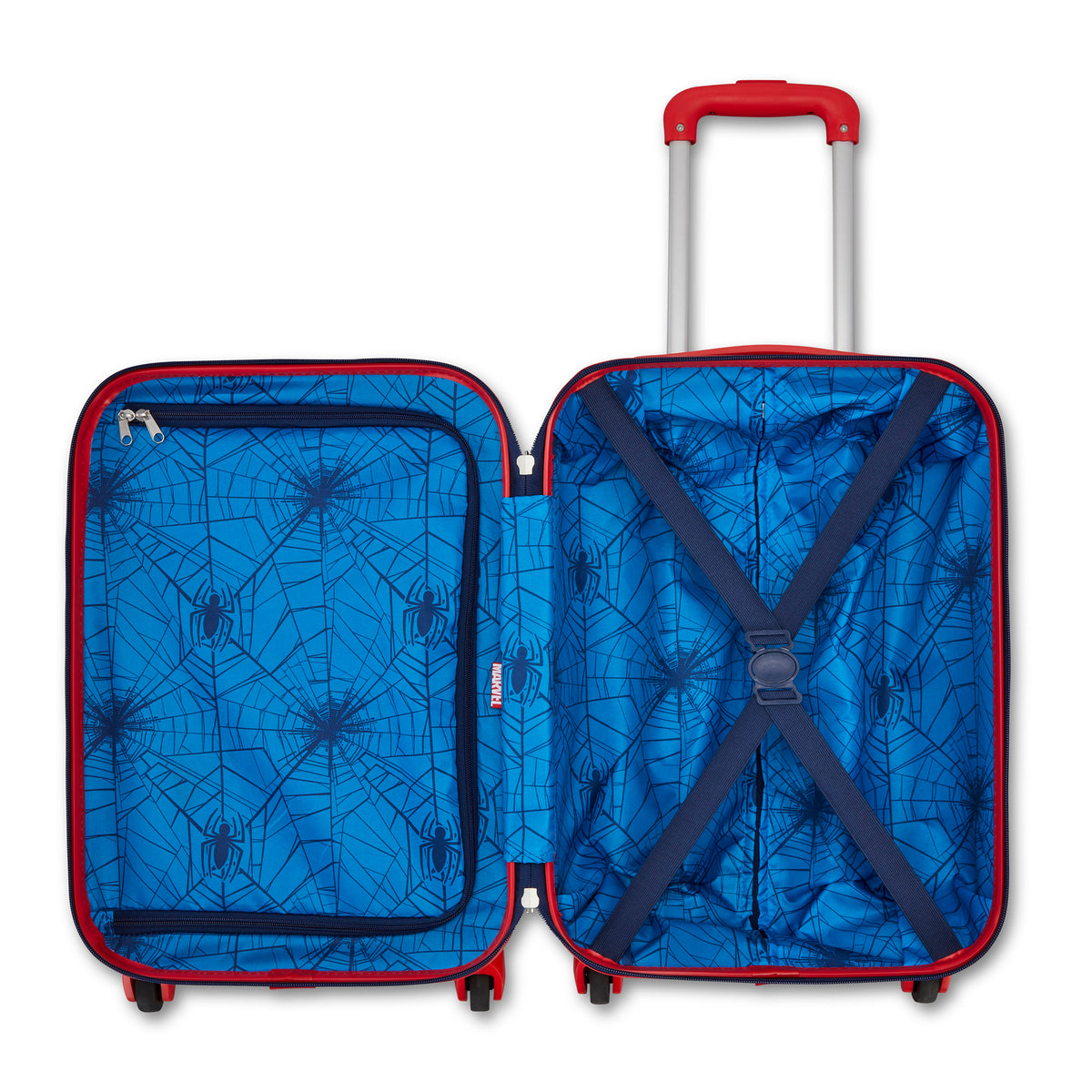 American Tourister Spiderman Kids Carry-on with zip pocket, cross-straps & blue spider-web lining.