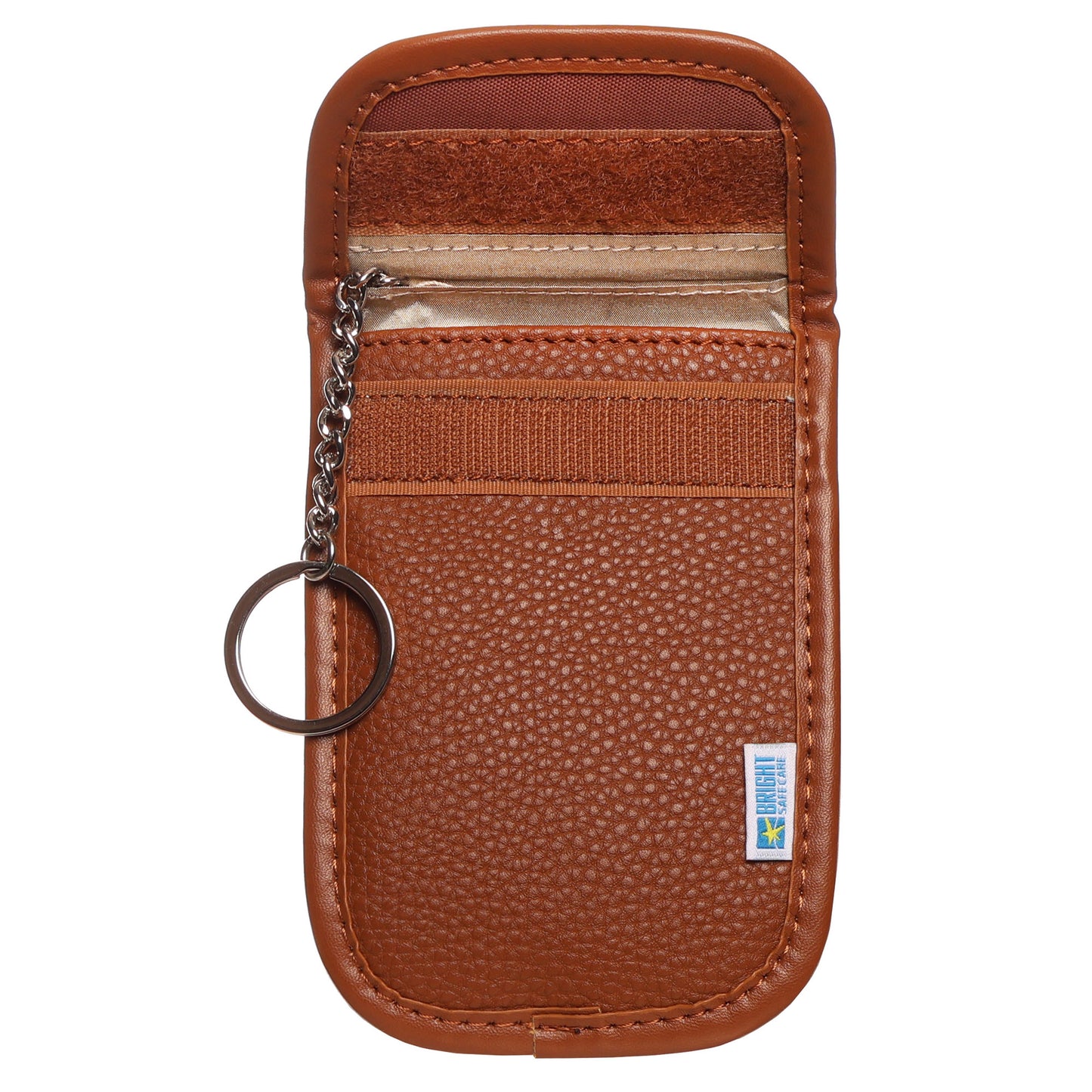 Bright Safe Care RFID Key and Card Blocker, cognac, front Velcro flap open with key ring hanging out