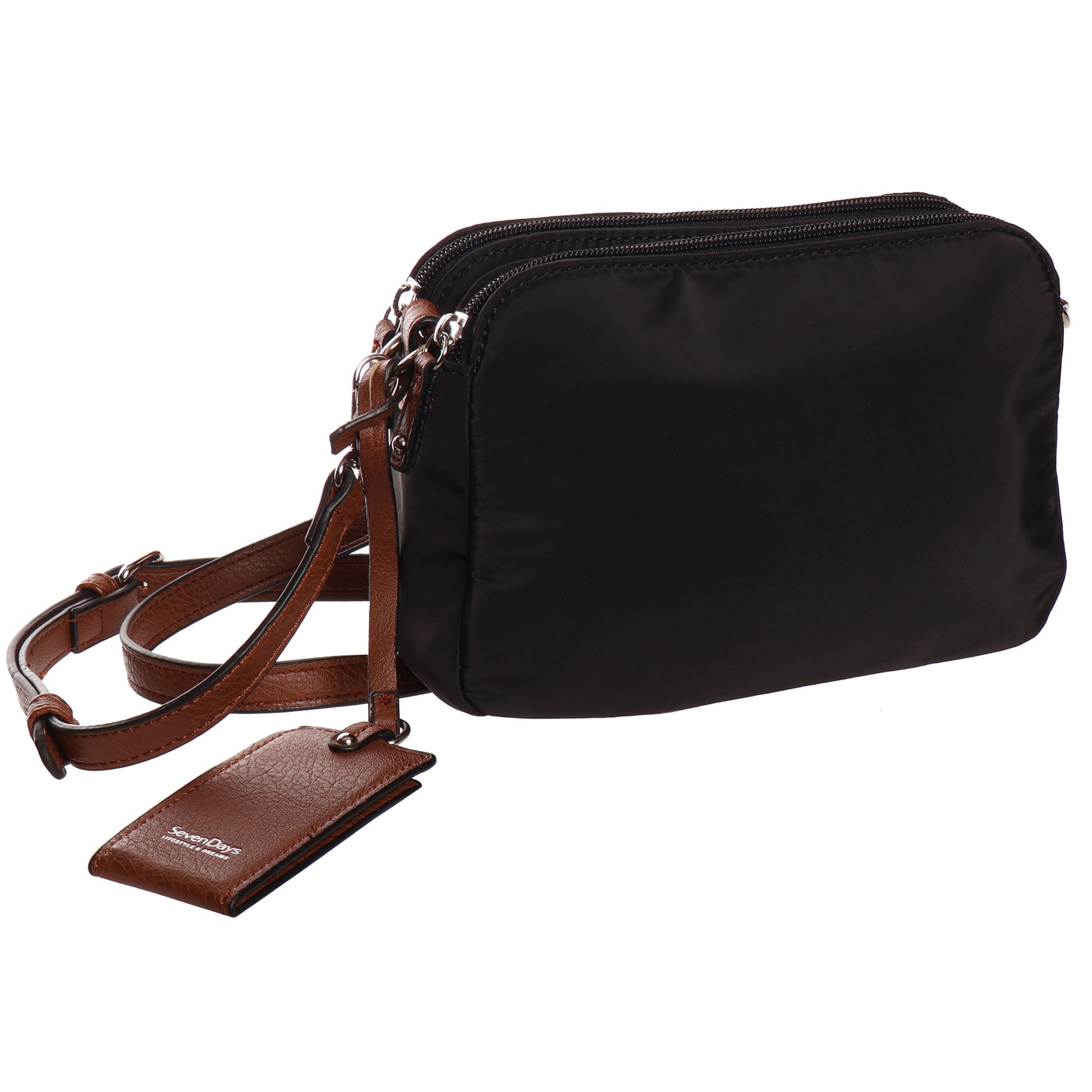 SevenDays Sequoia RFID Nylon Crossbody in black nylon with brown adjustable strap and organized storage.