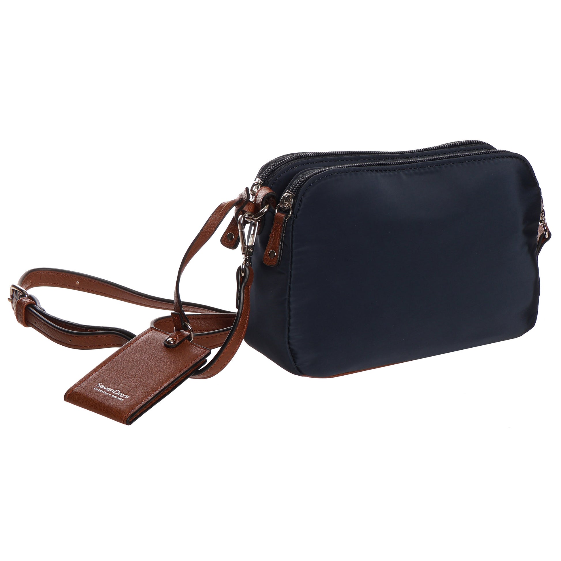 SevenDays Sequoia RFID Nylon Crossbody in navy with brown strap and organized storage, shown on white background.