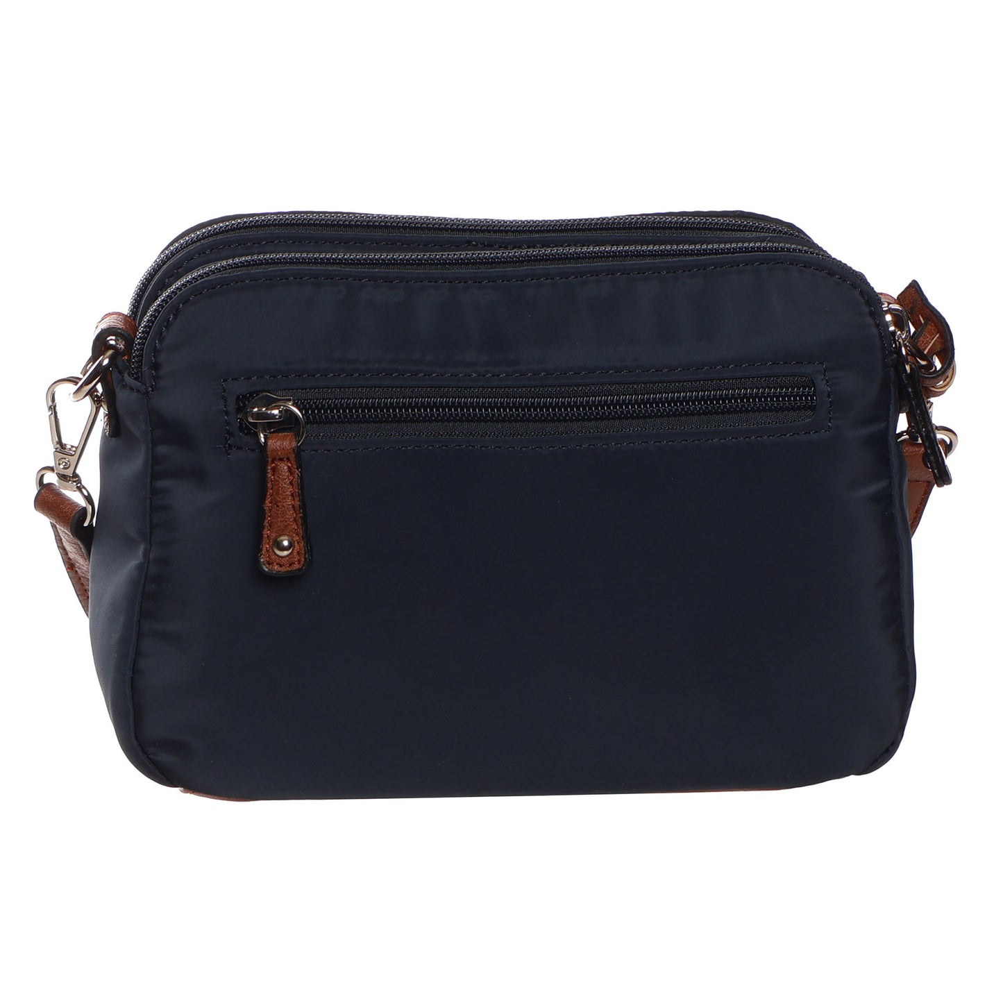 SevenDays Sequoia RFID Nylon Crossbody: small navy blue bag with front zip pocket and brown strap accents.