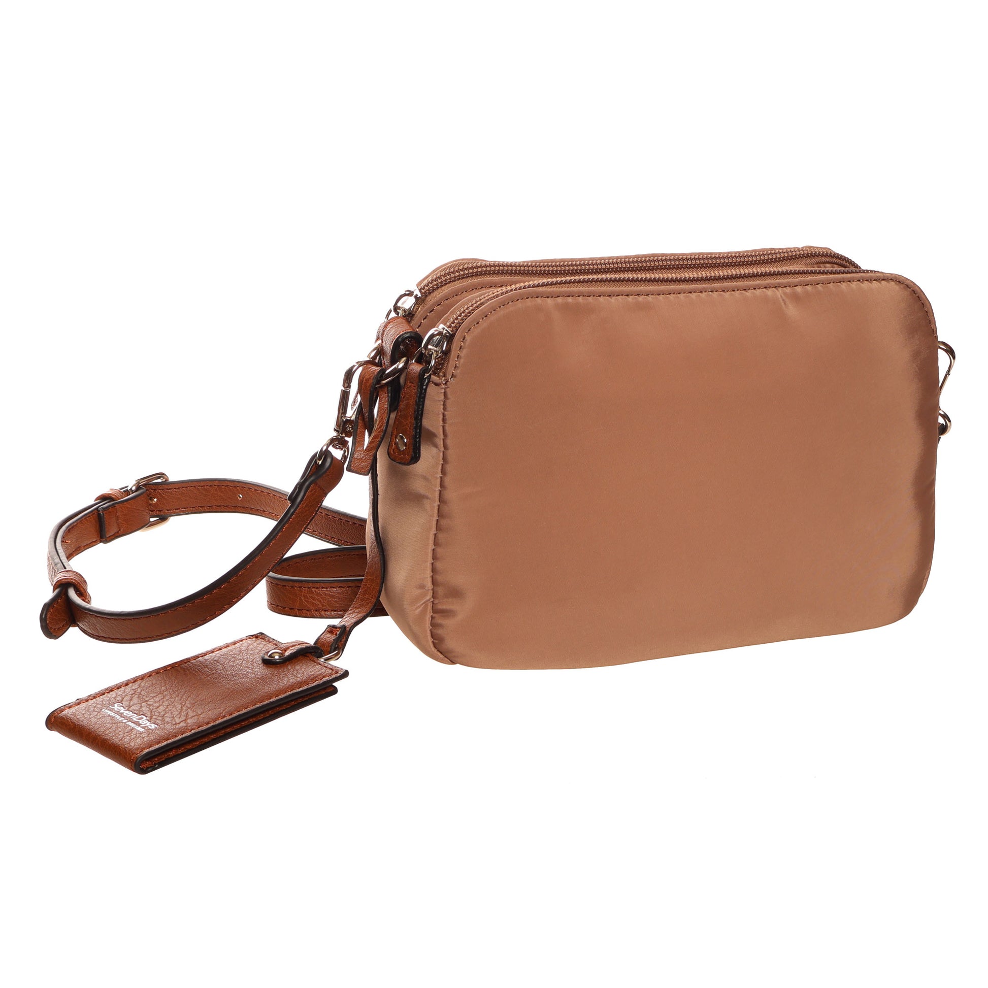 SevenDays Sequoia RFID Nylon Crossbody with adjustable strap, dual zip compartments, and organized storage.