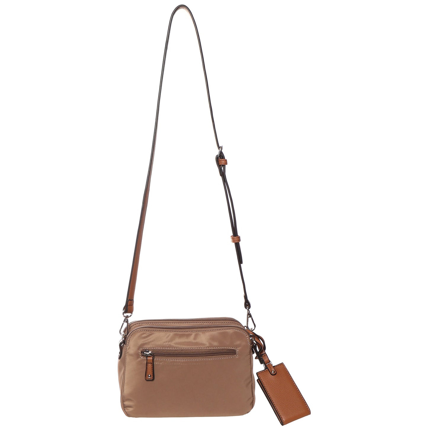 SevenDays Sequoia RFID Nylon Crossbody: taupe, adjustable strap, front zip pocket, and brown tag.
