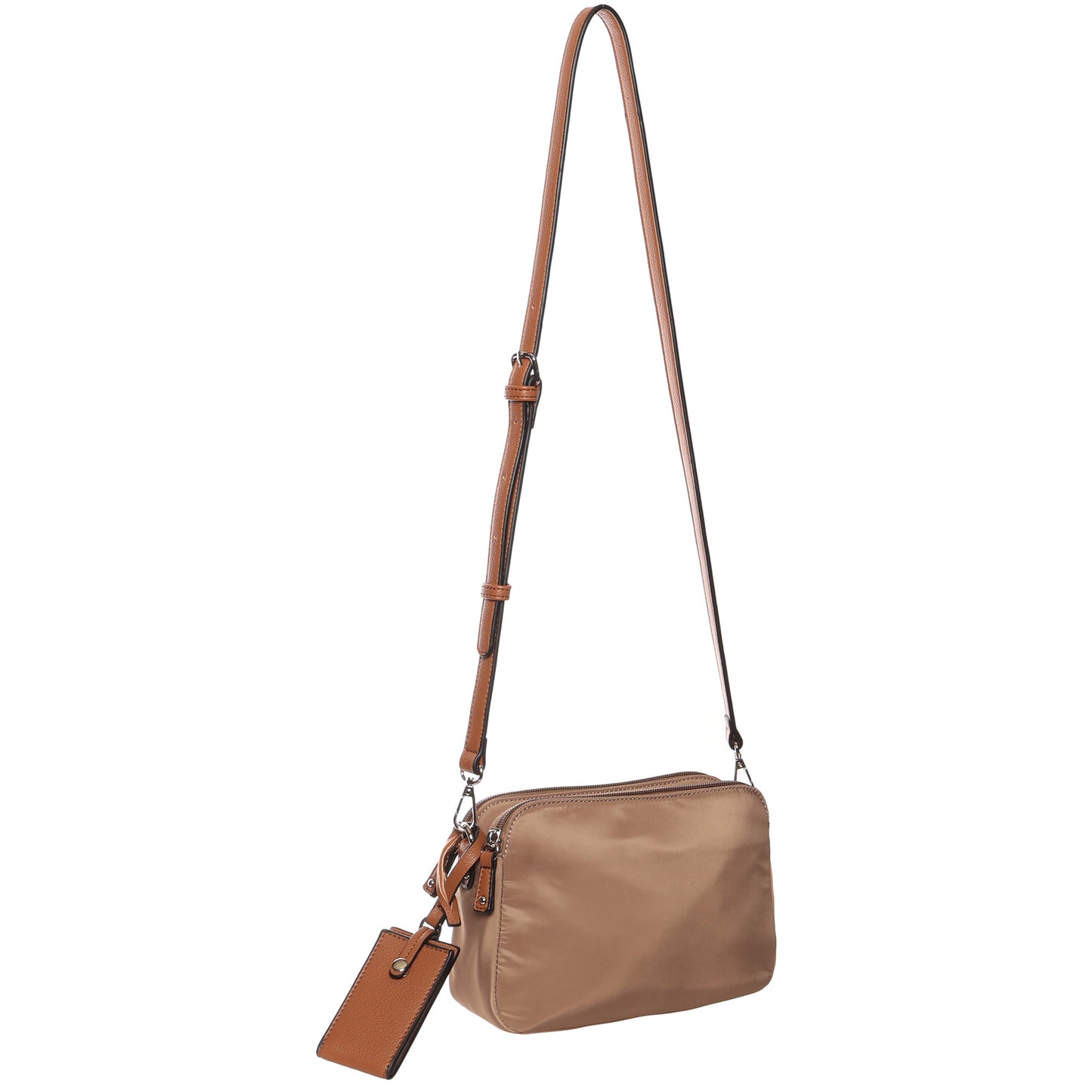 SevenDays Sequoia RFID Nylon Crossbody in taupe with adjustable strap, zip closure, and keychain.