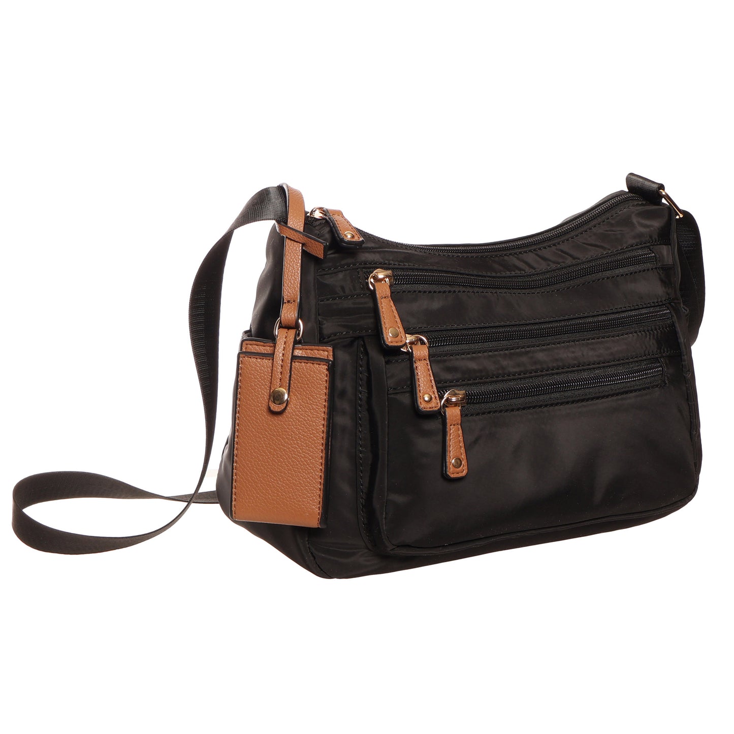 SevenDays Canopies RFID Nylon Crossbody features brown zippers, secure storage, and an adjustable strap.