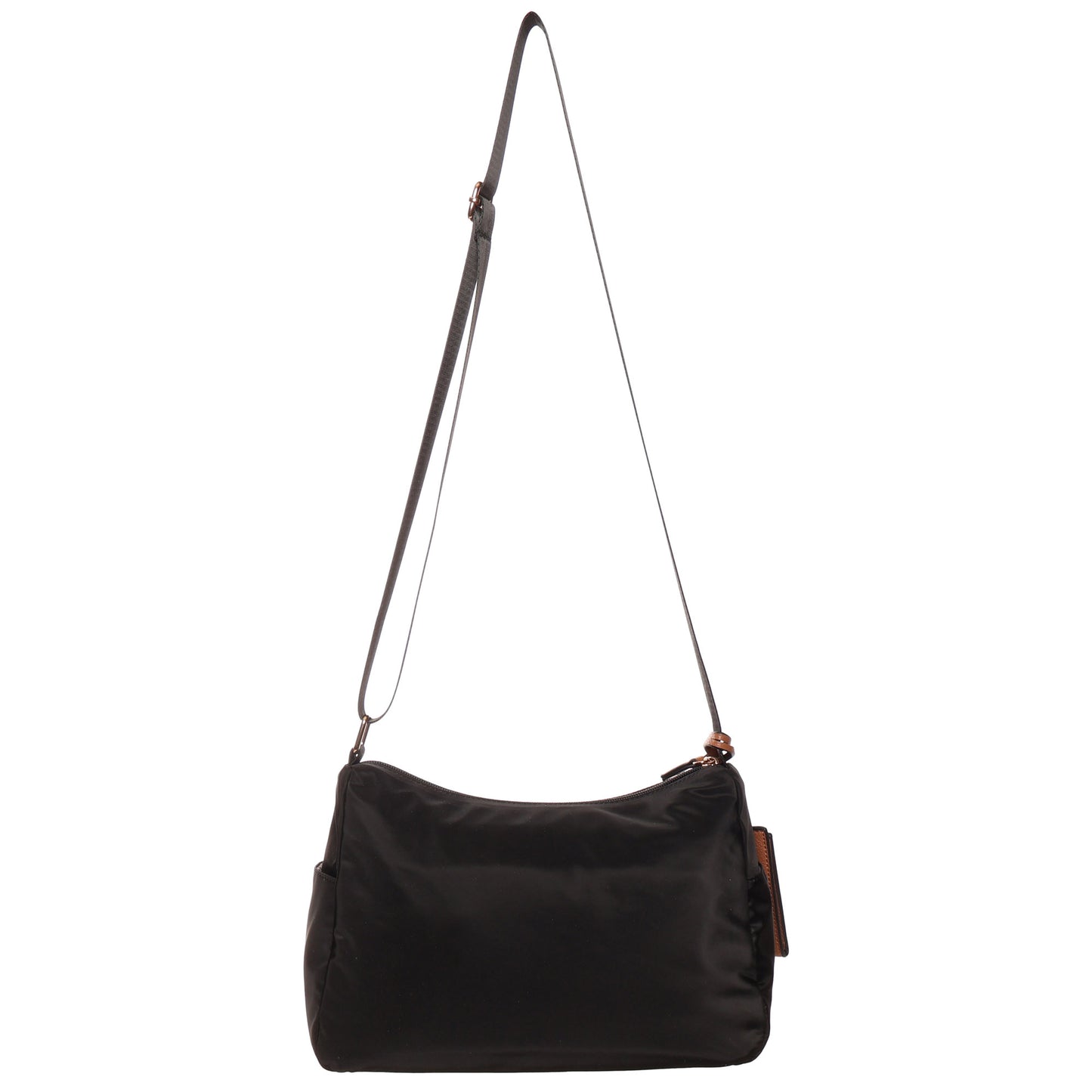 The SevenDays Canopies RFID Nylon Crossbody is a black bag with secure storage and an adjustable strap.