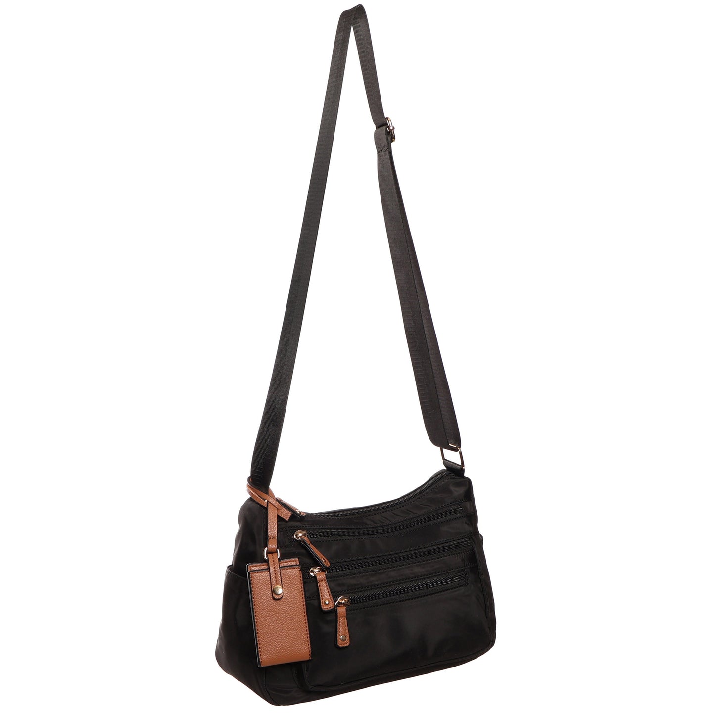 SevenDays Canopies RFID Nylon Crossbody: black nylon bag with brown zipper pulls and adjustable strap.