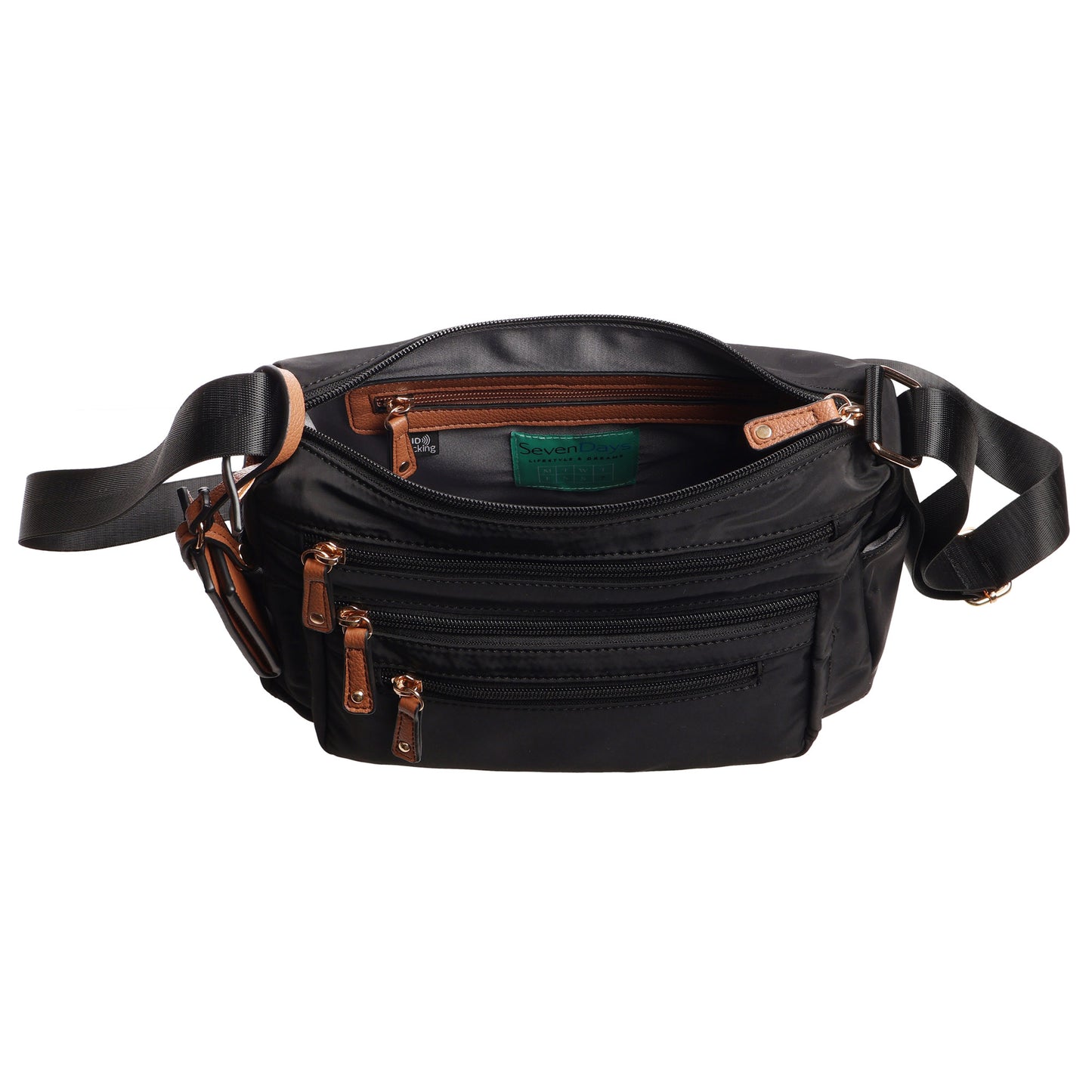 The SevenDays Canopies RFID Nylon Crossbody offers secure storage with zippered compartments and an open main interior.