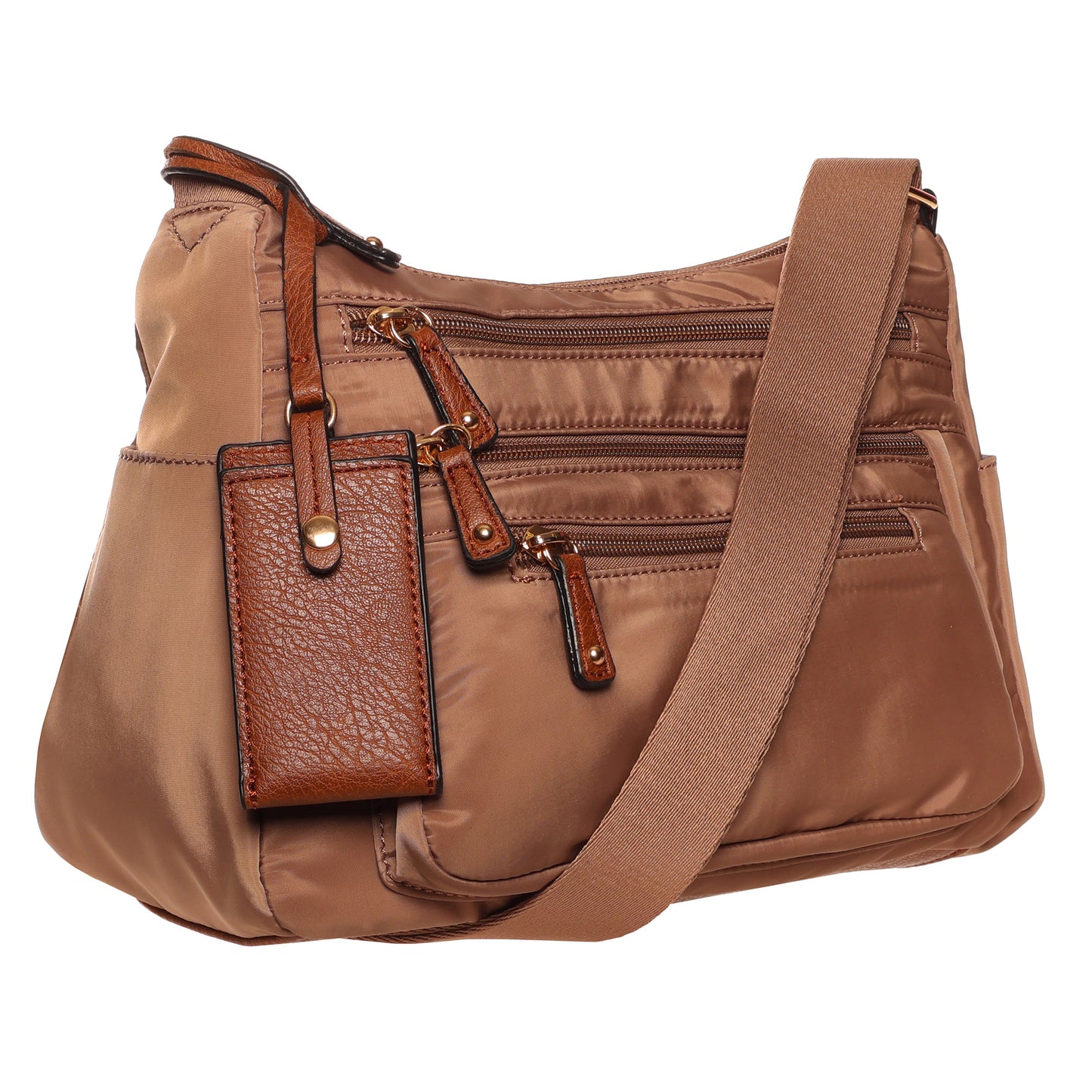 SevenDays Canopies RFID Nylon Crossbody: secure taupe bag with multiple zip pockets and adjustable strap.