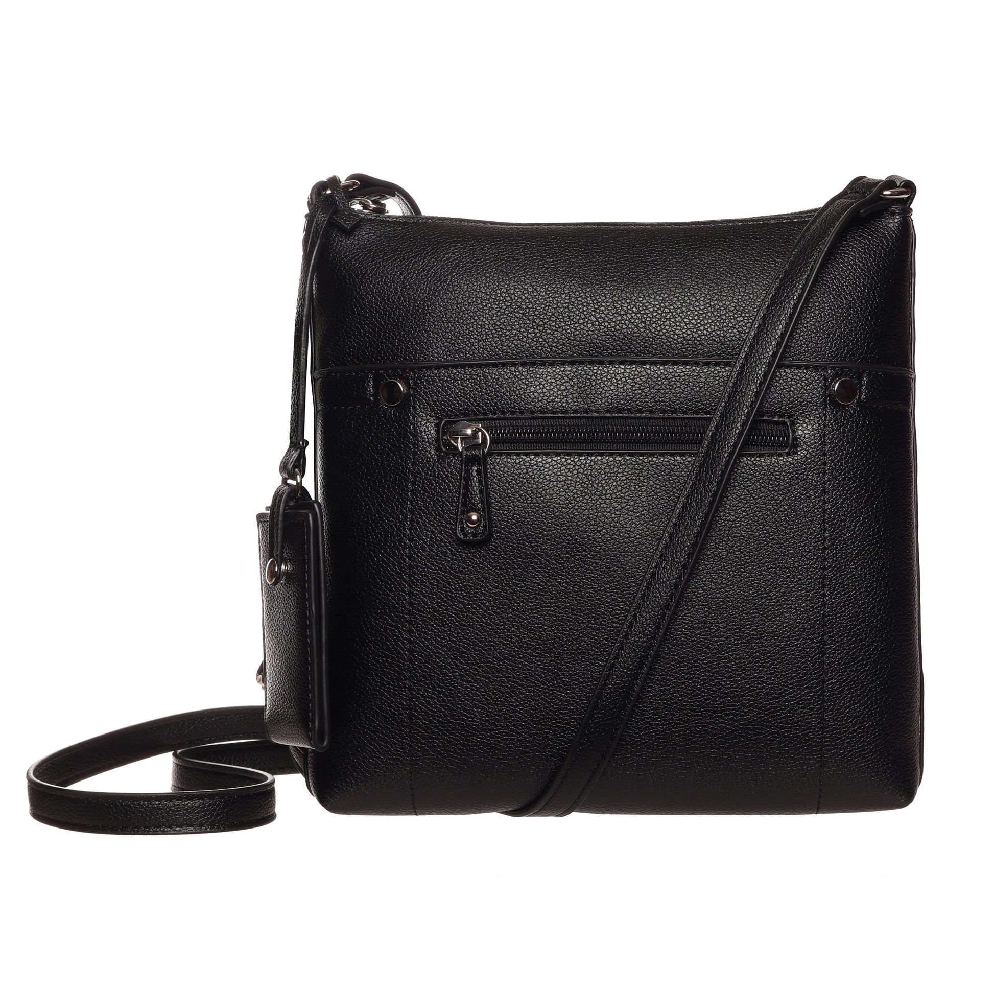 SevenDays Cedar Chic RFID Crossbody in black leather with front zip pocket and adjustable strap on white background.