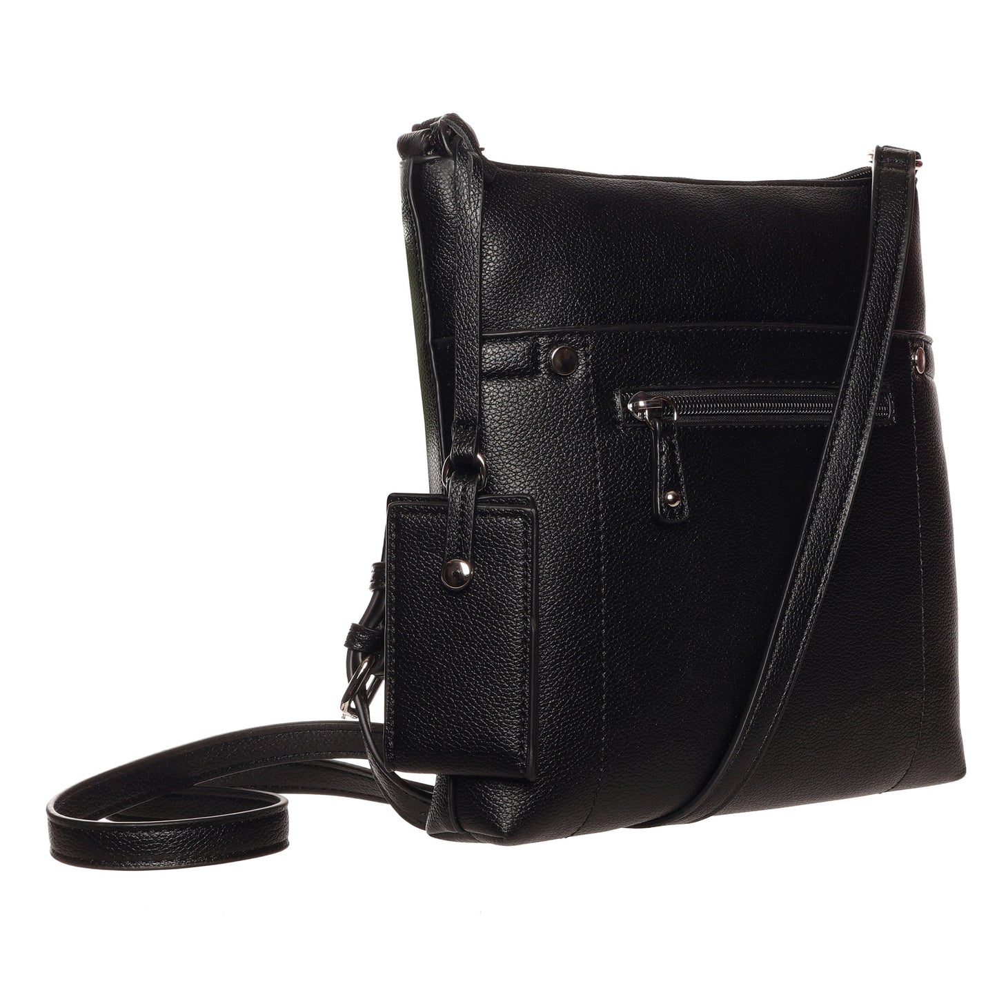 SevenDays Cedar Chic RFID Crossbody: black leather, front zipper pocket, organized storage, adjustable strap.