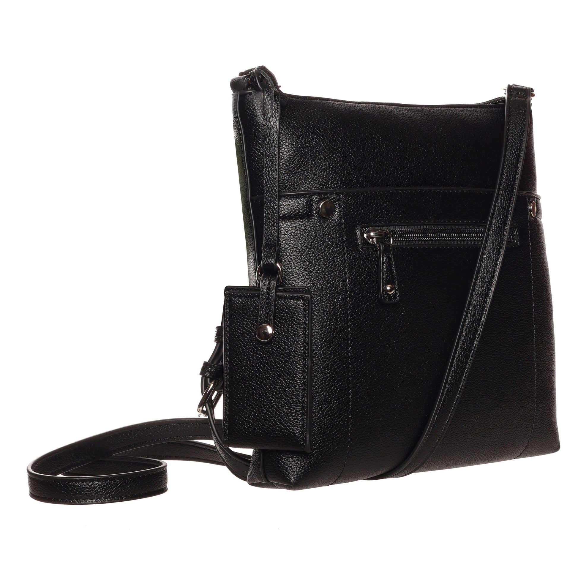 SevenDays Cedar Chic RFID Crossbody: black leather, front zipper pocket, organized storage, adjustable strap.