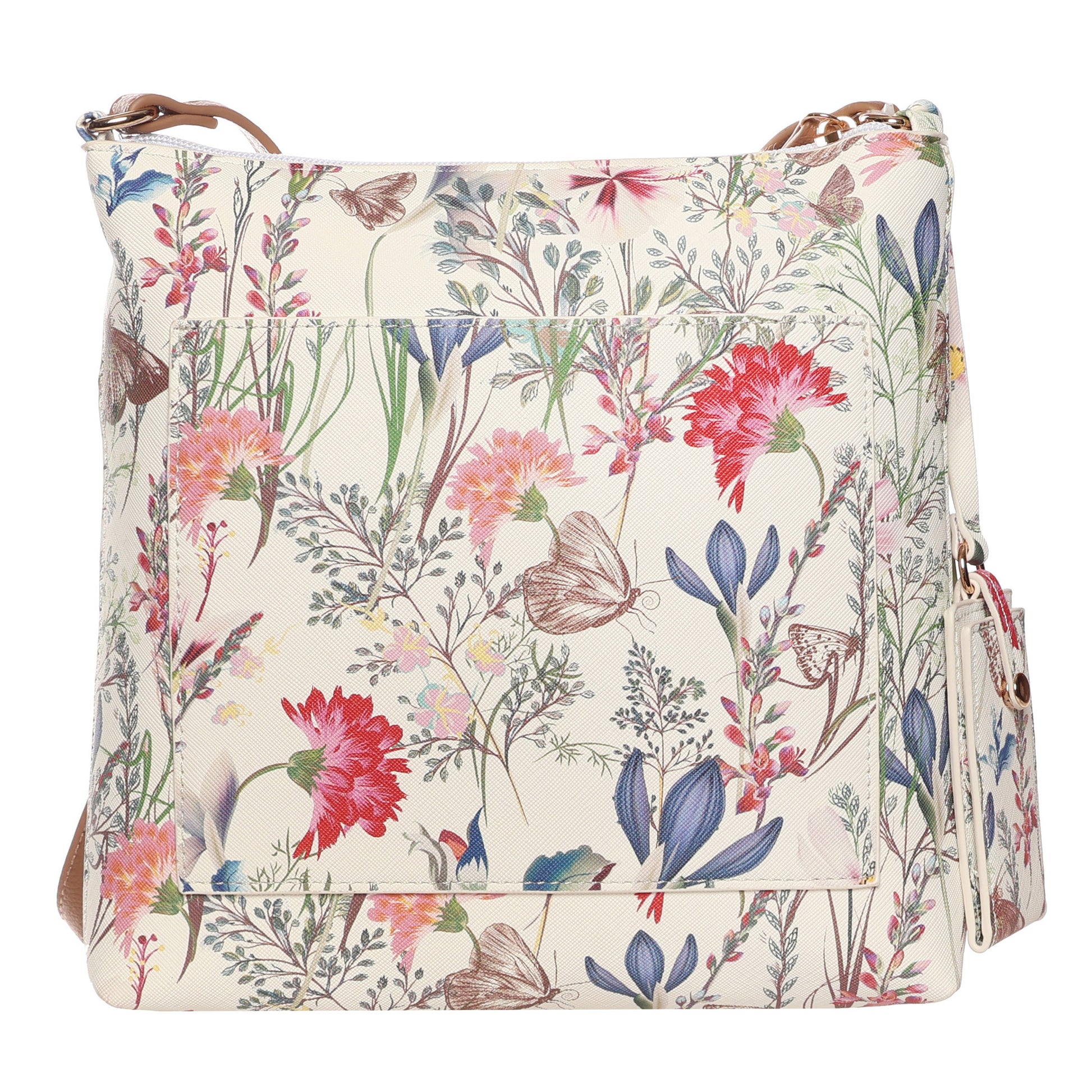 SevenDays Cedar Chic RFID Crossbody: square cream bag with floral print, front pocket, and adjustable strap.