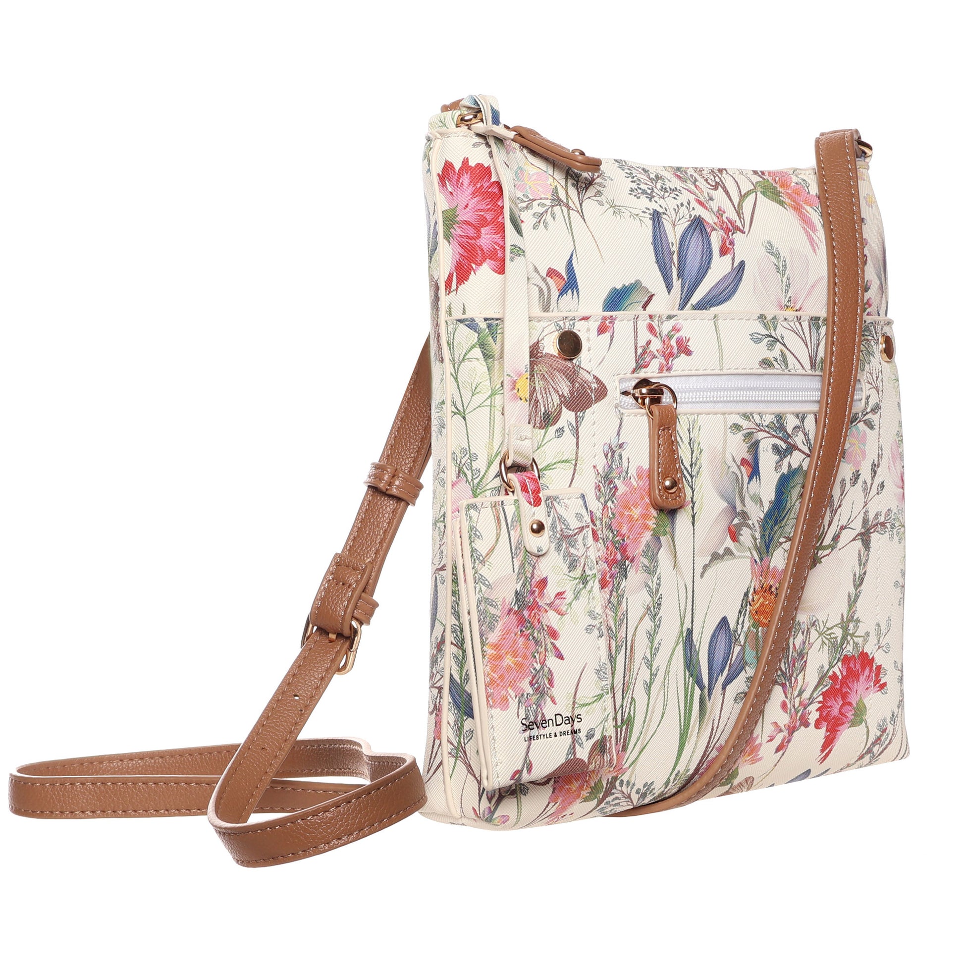 SevenDays Cedar Chic RFID Crossbody with brown strap, floral print, front zip pocket & silver hardware.