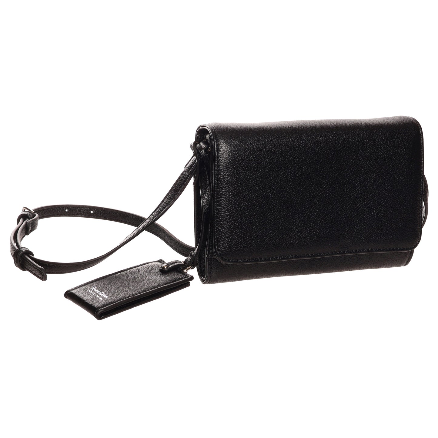 The SevenDays Verdant RFID Flapover Crossbody is a black leather bag with an adjustable strap and matching tag.