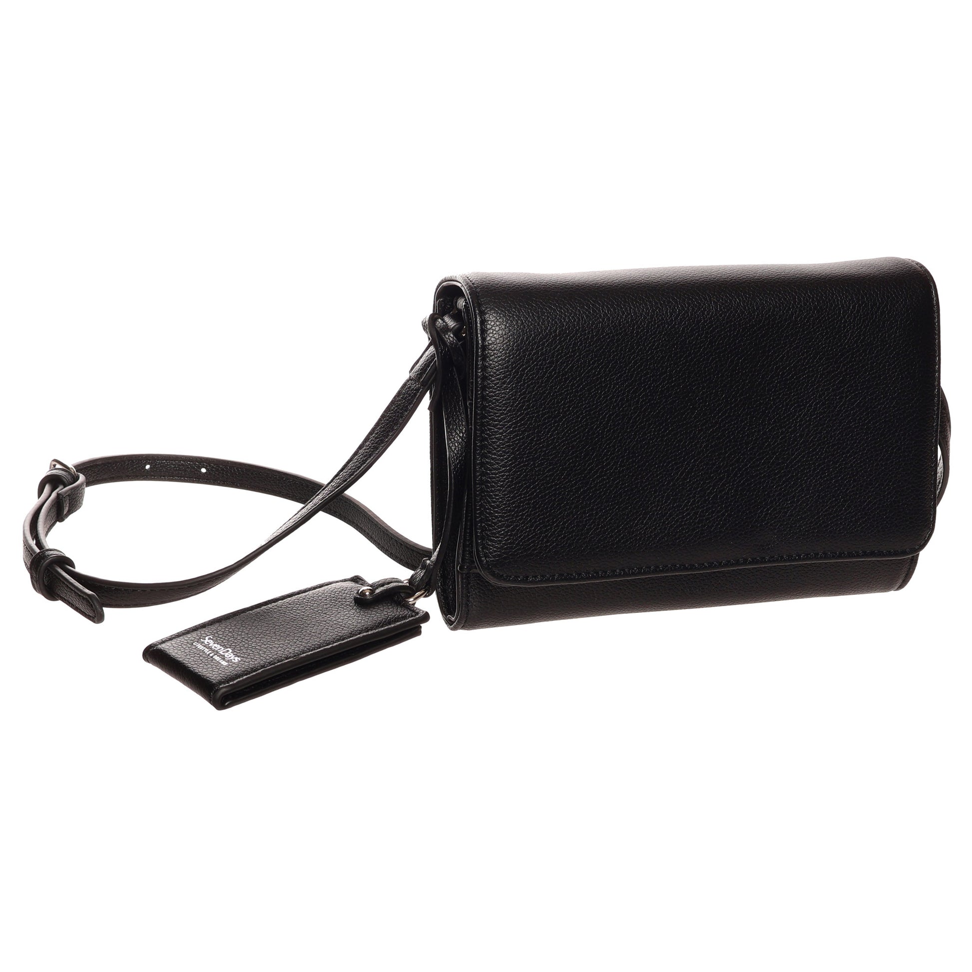 The SevenDays Verdant RFID Flapover Crossbody is a black leather bag with an adjustable strap and matching tag.