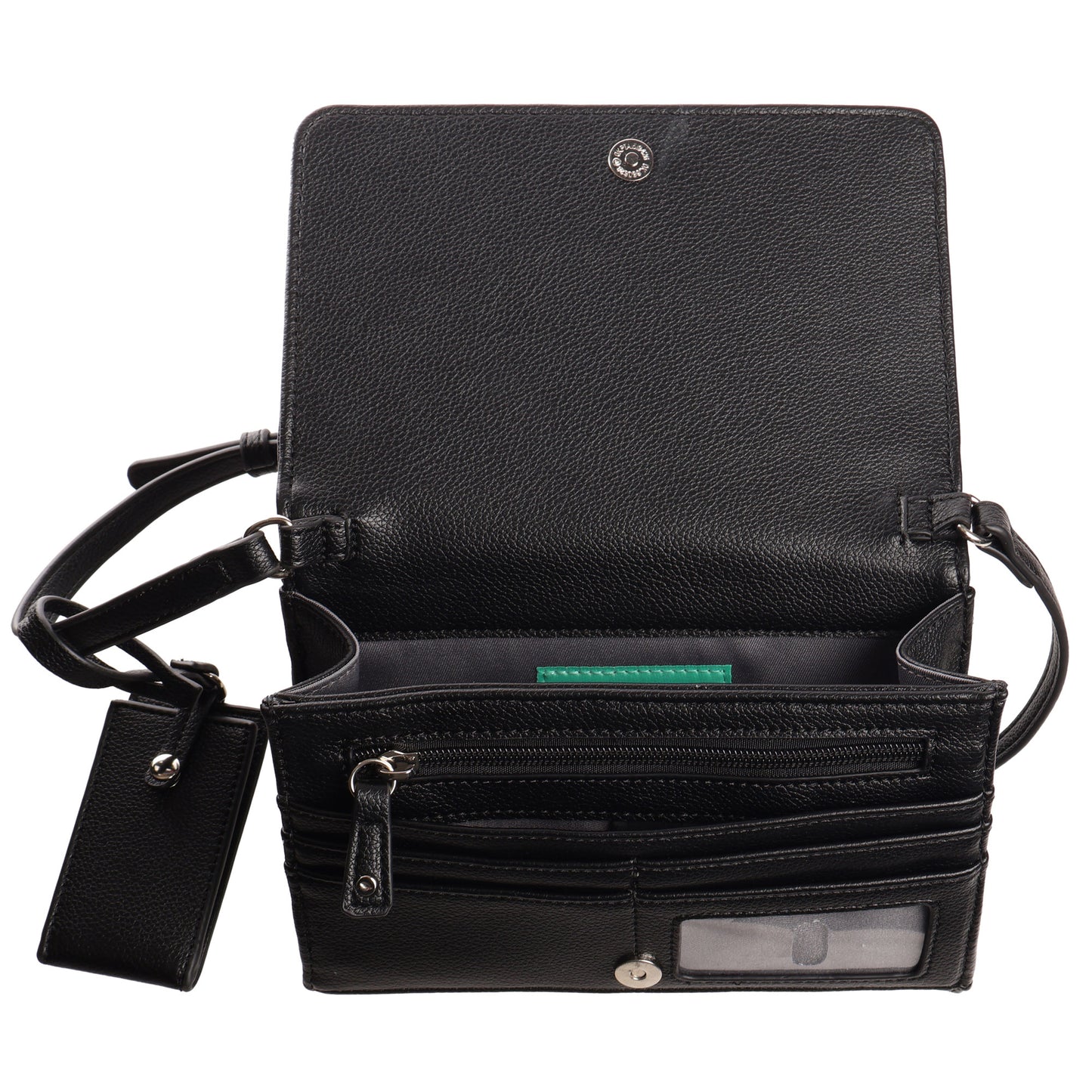 SevenDays Verdant RFID Flapover Crossbody: black leather bag with strap, card slots, zip pockets & key holder.