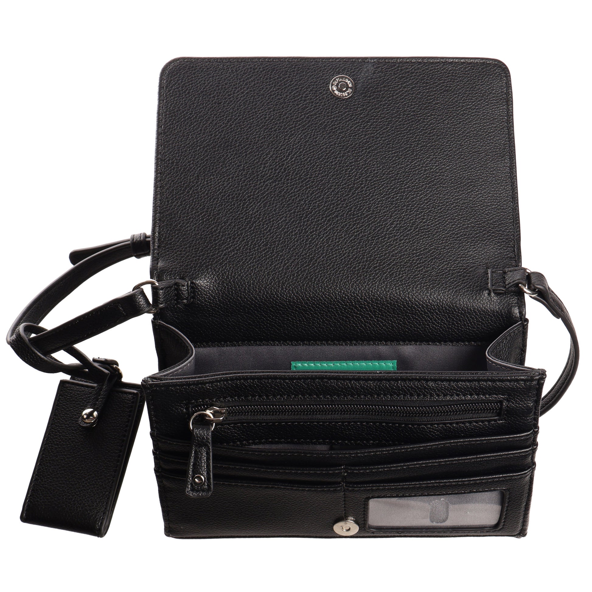 SevenDays Verdant RFID Flapover Crossbody: black leather bag with strap, card slots, zip pockets & key holder.