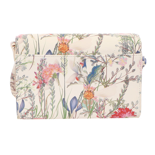 Product Image – SevenDays Verdant RFID Flapover Crossbody in cream with a colorful floral print design.