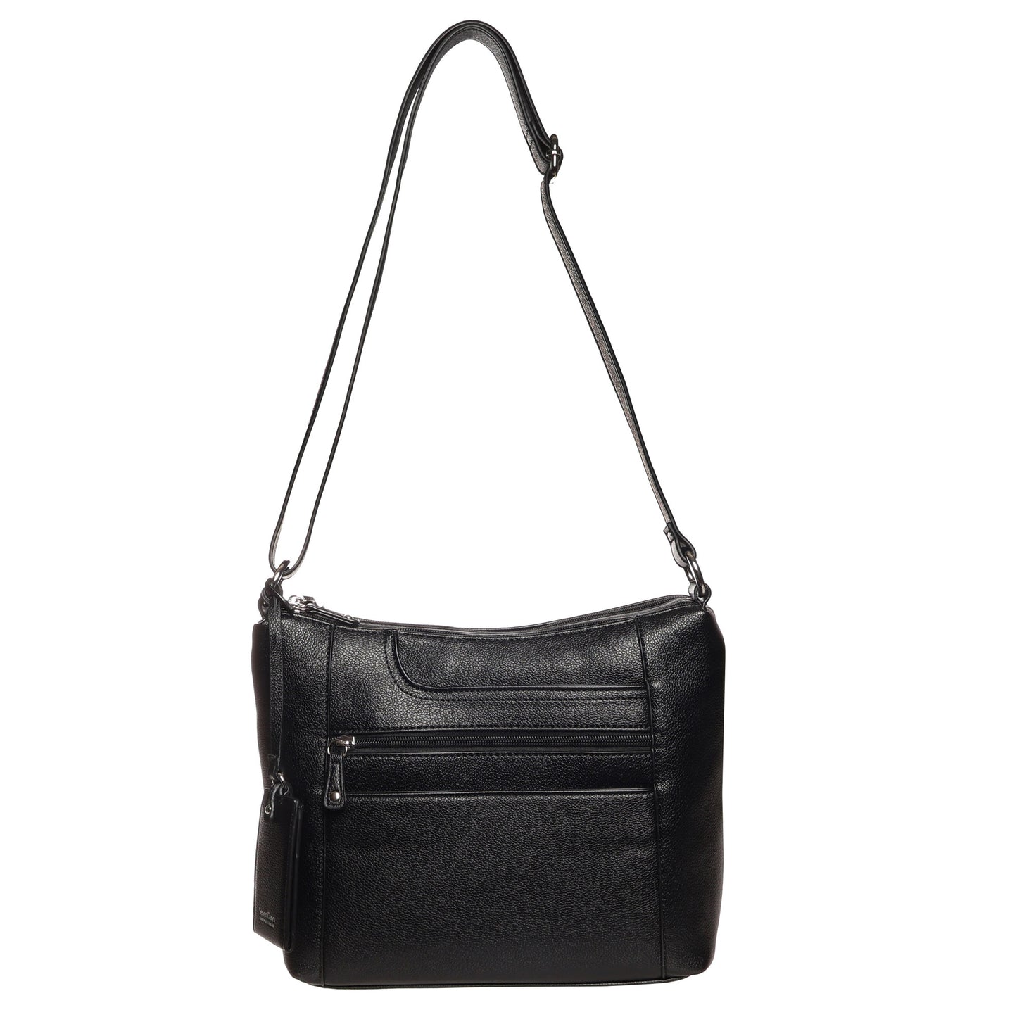 SevenDays Redwood RFID Large Crossbody in black leather with adjustable strap and organized storage.