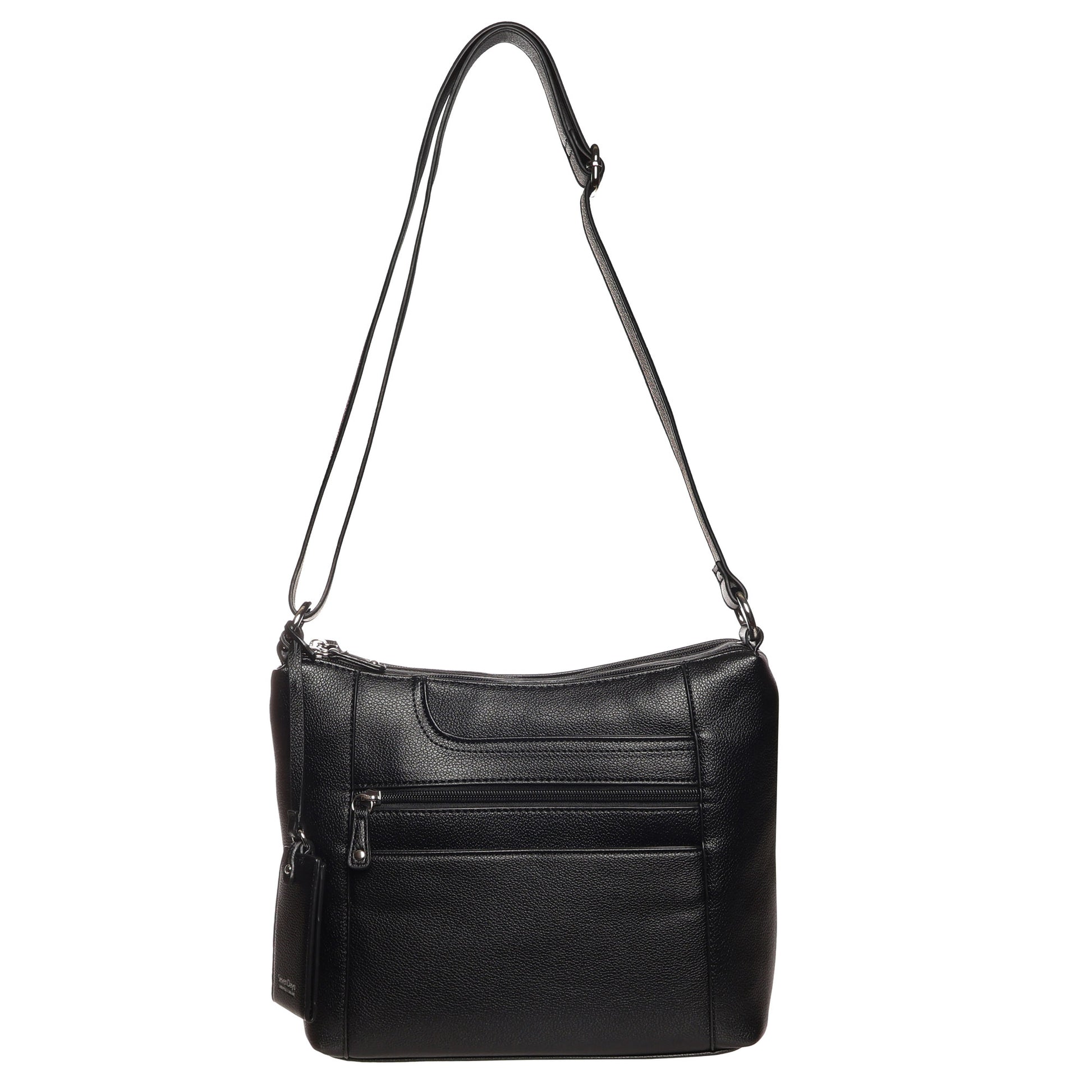 SevenDays Redwood RFID Large Crossbody in black leather with adjustable strap and organized storage.