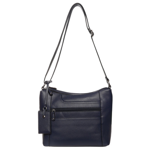 Product Image – The SevenDays Redwood RFID Large Crossbody is a navy leather bag with organized storage and an adjustable strap.