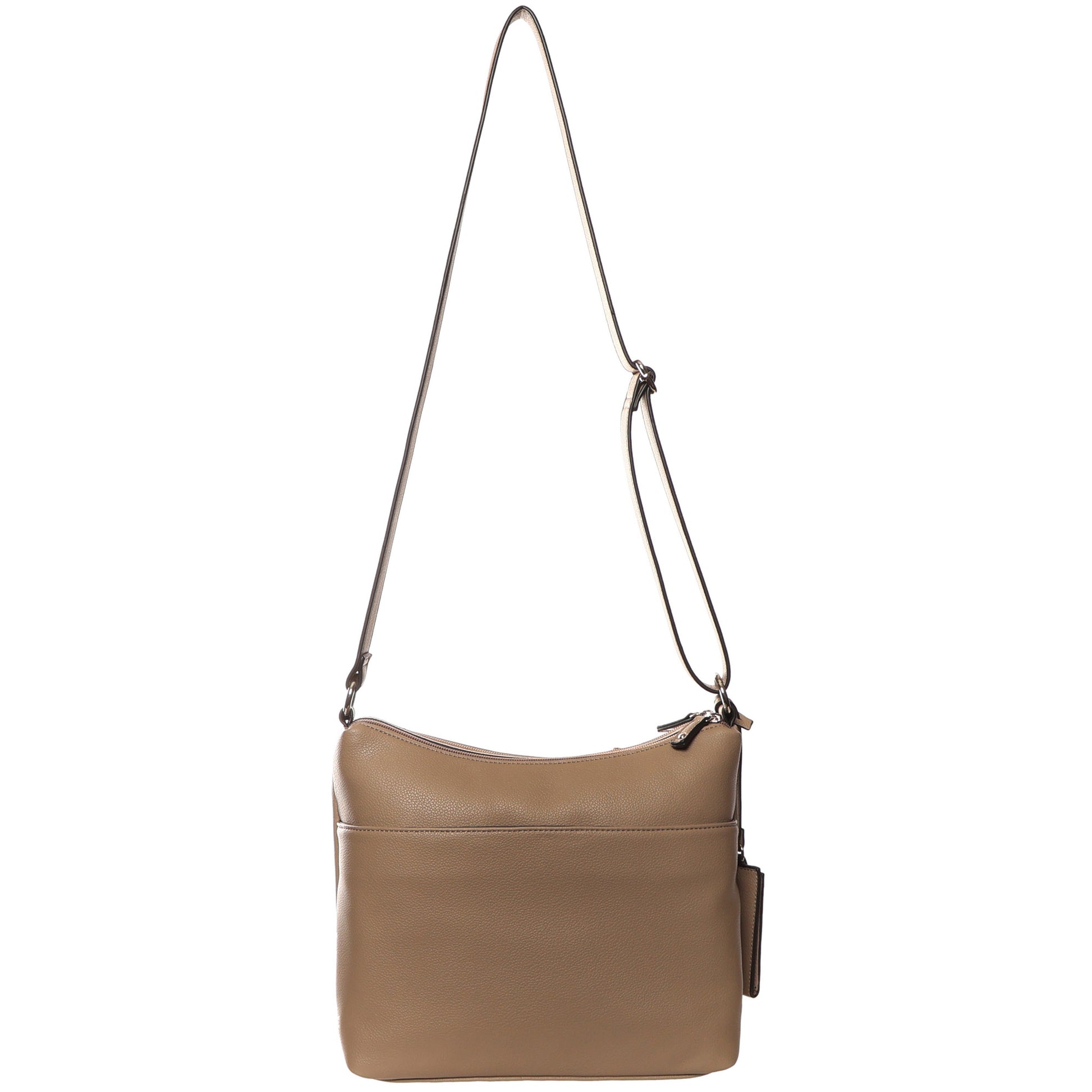 The SevenDays Redwood RFID Large Crossbody features a taupe design, adjustable strap, and zippered top for storage.