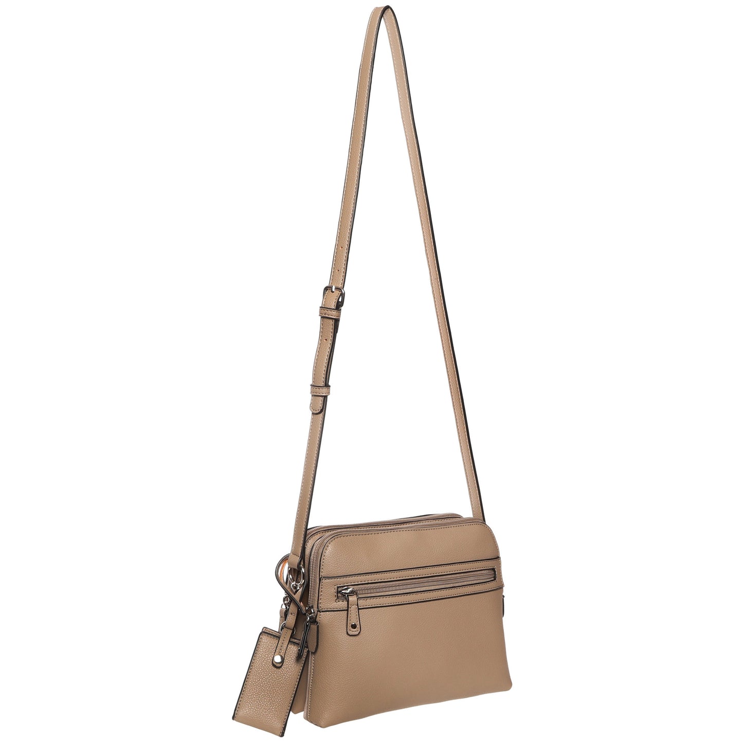 SevenDays Serenity RFID Crossbody: taupe bag with organized storage, front zip pocket, and keychain accessory.