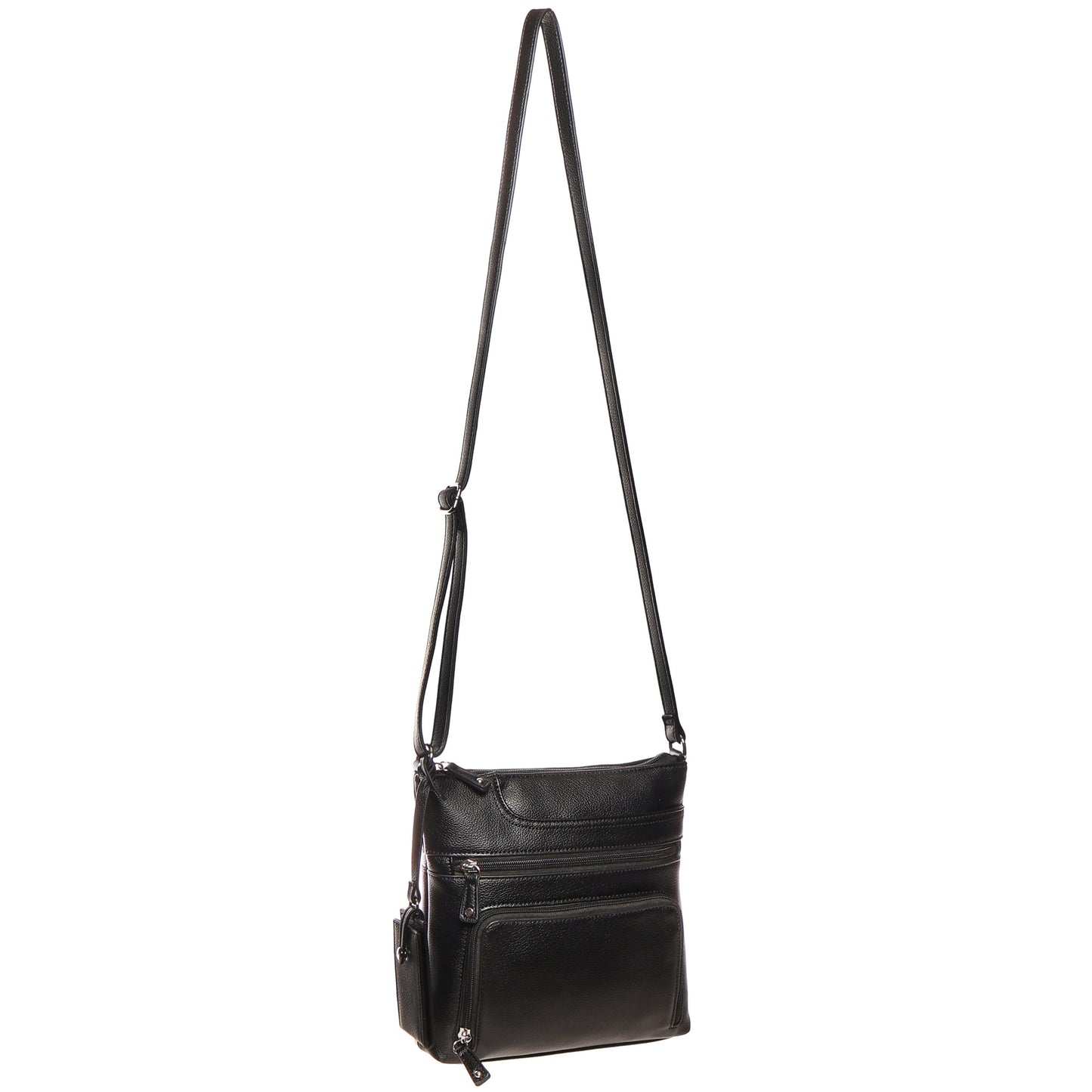 SevenDays Aspen RFID Front Zip Crossbody: Black bag with adjustable strap and secure zippered pockets.