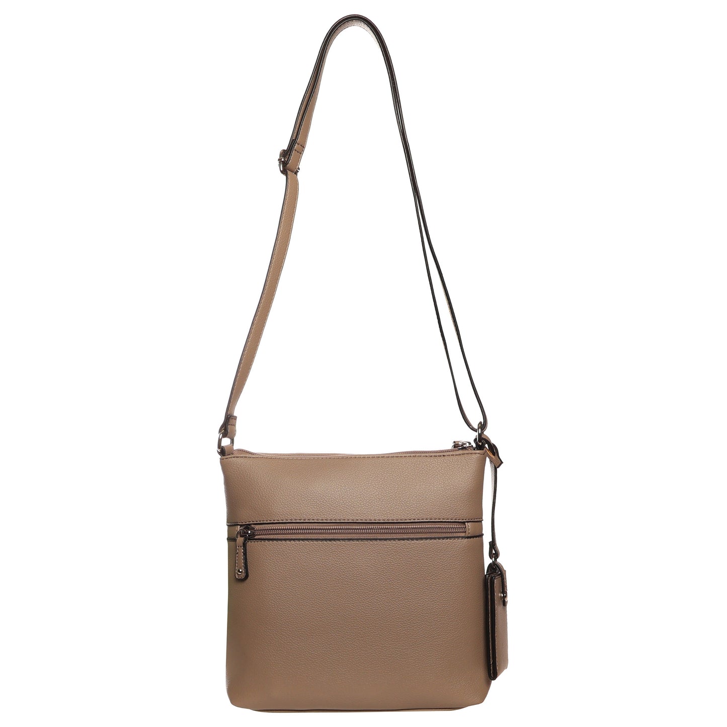 The SevenDays Aspen RFID Front Zip Crossbody offers a taupe look, adjustable strap, zip pocket, and secure storage.